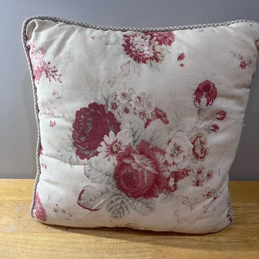 Vtg Waverly Norfolk Rose Floral Throw Pillow 16x16 Red Pink Cream Gingham Trim